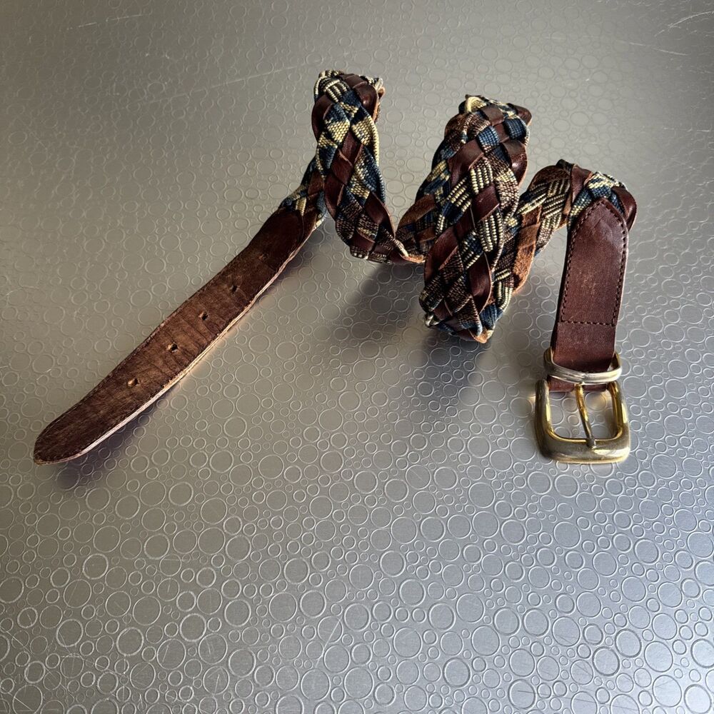 Vintage Woven Fabric Leather Belt Guatemala Southwestern Aztec Braided - Size L